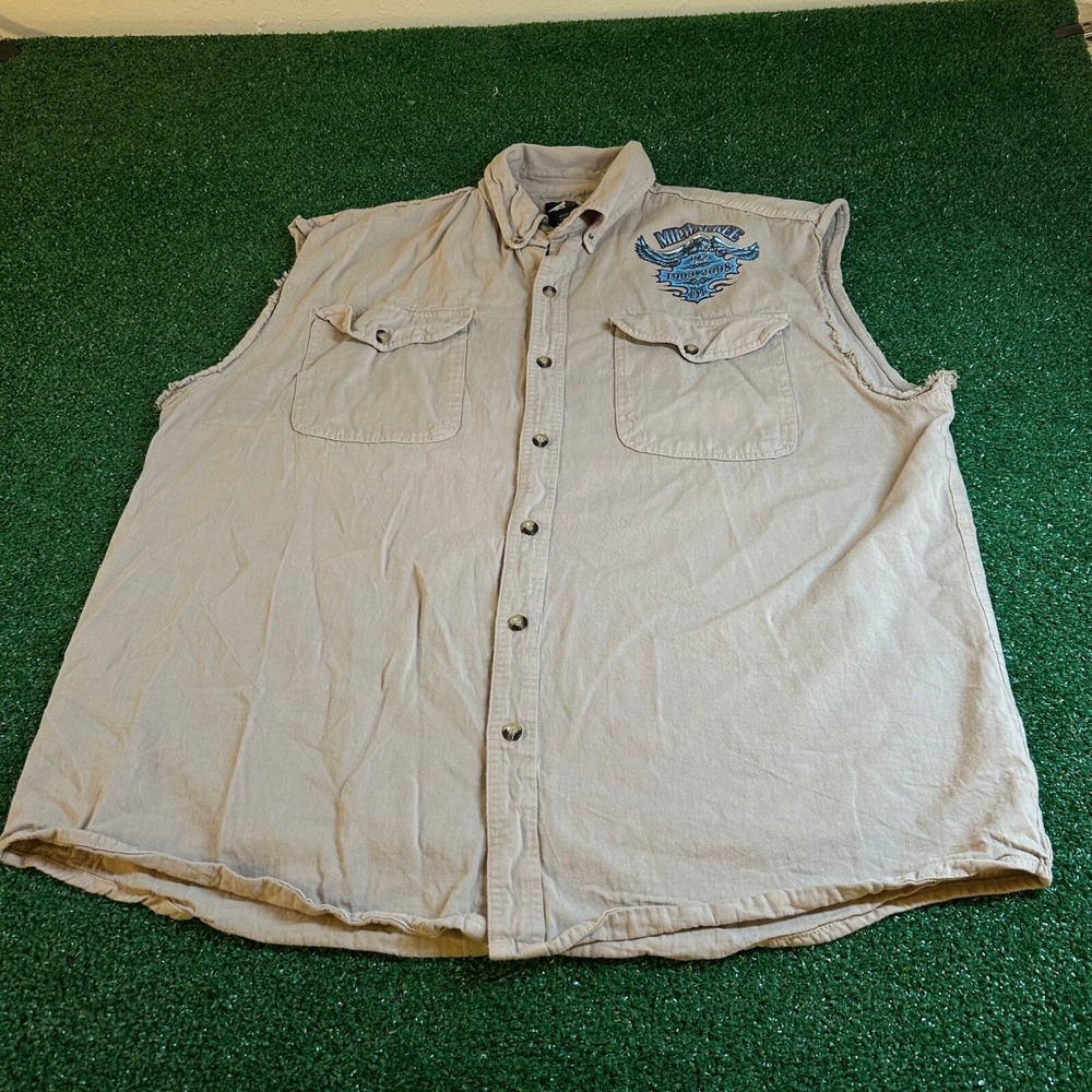 Biker Design Milwaukee 105 Years Shirt Mens 2XL Tan Frayed Sleeveless Button Up